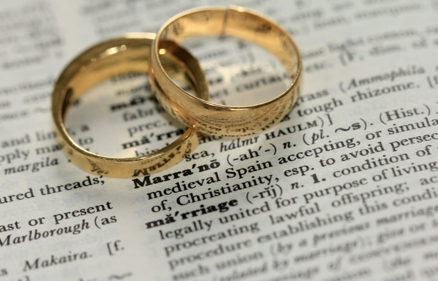 Two gold wedding rings on paper