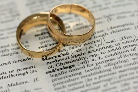 Two gold wedding rings on paper