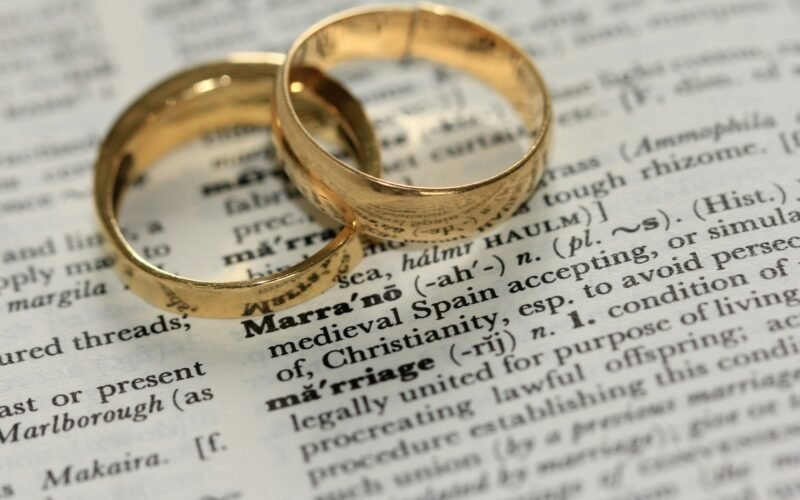 Two gold wedding rings on paper